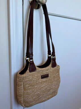 Connections Woven Straw Mini Handbag – Brown Handles – Possibly Vintage